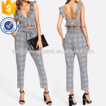 Ruffle Deep V Neck Top & Self Belt Pants Set Manufacture Wholesale Fashion Women Apparel (TA4006SS)